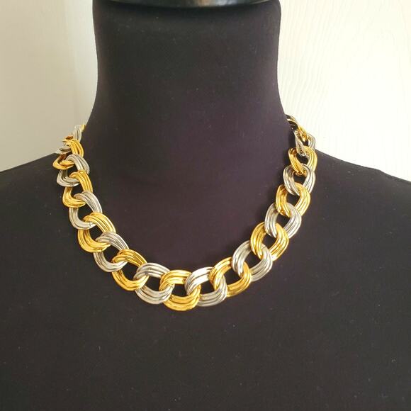 Gold & Silver Tone Necklace Bracelet Set Chunky Chain Polished Mixed Metal Retro - Picture 9 of 9